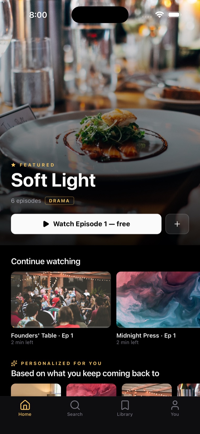 Stage Reel home feed with featured series and continue-watching